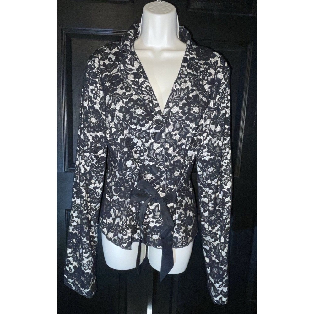 Karen Kane Lifestyle Black Cream Floral Lace Blazer Jacket Size 14 Bow Tie